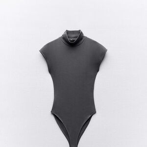Zara Charcoal Gray Cap-Sleeve Turtleneck Bodysuit